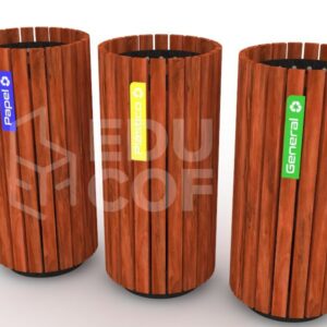 Basurero cilindro metal madera